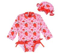Yoolhamy - Traje de Baño para Niñas con Sombrero de Sol, Manga Larga, Protector contra Erupciones, Playa con Lazo de Fresa para 3M-2Y, Rosso, 6-12 Meses