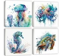 YOOOAHU Arte de pared de tortuga marina en acuarela,decoración de baño,animales del océano,pulpo,caballito de mar,medusas,lienzo,imágenes para dormitorio,sala de estar,decoración del hogar,vida