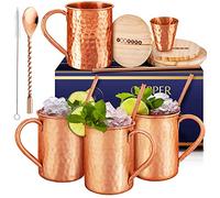 Yooreka Juego de 4 tazas de cobre sólido de 16 onzas, 100% cobre puro, forma cilíndrica, hechas a mano, 4 popotes, 4 posavasos de madera, cuchara agitadora y vaso de chupito (cuadrado)