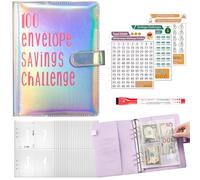 Yootiko 100 sobres Challenge, Budget Planner A5, carpeta de ahorro de dinero con sobre transparente y botones magnéticos con rotulador de pizarra blanca lavable, adecuado para el hogar, parejas,