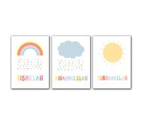 Yooyu Cartel de Arte de Pared Arco Iris Nube Impresión de Lienzo Citas árabes Cuadro de Pared Pintura de guardería Pared para decoración de habitación de niños 21x30cmx3 Sin Marco