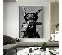 Yooyu Cuadro de arte de pared moderno, lienzo de perro dóberman negro, Cuadros, pistola, póster de moda de lujo, impresiones, pintura en lienzo, decoración de habitación, 70x90cm (28x35in), sin marco