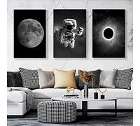 Yooyu Pintura en Lienzo Surrealismo Blanco y Negro Astronauta Luna Imprimir Pósteres Espacio Arte de la Pared Moderno Boho Sala de Estar Decoración para el hogar 70x100cm (28x39in) x3 Sin Marco