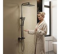 YOOZENA Columna Ducha Termostática Negra，Duchas de Baño Columna Altura Ajustable con Grifo, Alcachofa con Manguera, Cuadrada efecto Lluvia 29x19cm