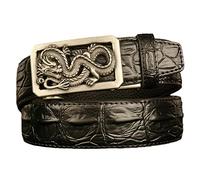 YOPADO Cinturón De Cuero Negro De Hombres De Piel De Cocodrilo Patrón De Deslizamiento Automático De Trinquete Hebilla Tallada Dragón Mítico, Recortar a La Medida(125cm/waist:43", Silver Buckle)