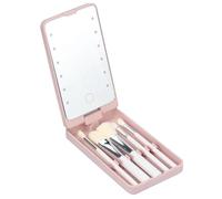 Yopeissn Espejo Espejo de Maquillaje PortáTil con 5 Cepillos Caja de Almacenamiento LED TáCtil Caja de Almacenamiento PortáTil de una Cara Espejo de Maquillaje Rosa