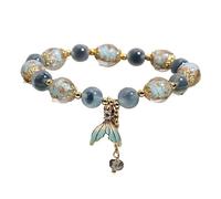 YOPI Natural Blue Agate Bracelet for Women Luminous Glass Fishtail Pendant | Glowing Ocean-inspired Agate Beads, Elegant Fishtail Glass Charm Adjustable