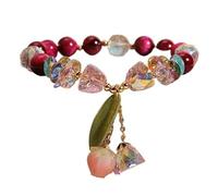 YOPI Rose Red Tiger Eye Stone Crystal Bracelet For Women Bell Pendant | Elegant Bell Pendant Bracelet, Natural Tiger Eye Beads, Adjustable Fit