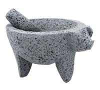 YOPIDO Mortero Molcajete de 9 pulgadas con diseño de cerdo, hecho a mano mexicano con lava de calidad ideal como tazón de hierbas, molinillo de especias, piedra volcánica