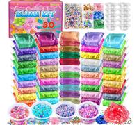 YOPINSAND Paquete de 50 unidades de slime DIY, kit de fabricación de limo para niñas, limo transparente, slime prefabricado con complementos, bolas de espuma, purpurina, regalos de fiesta de slime