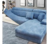 YOPOIY En Forma De L Cubre Sofá Felpa de Terciopelo Funda Sofa Chaise Longue Color sólido Ajustable Seccionales Funda para Sofà Stretch Universal con Funda de Almohada -Azul-2 plazas+2 plazas