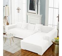 YOPOIY Lujosa Terciopelo Funda para Sofá en Forma de L, Elástica Suaves Fundas para Sofá Chaise Longue con Fondo elástico Color Liso Funda Sofa Lavable Protector para Sofá-Blanco-2 Plazas+3 Plazas