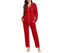 YOPUGEE Conjunto de pijama de manga larga con botones para mujer, conjunto de pijama suave modal de 2 piezas con bolsillos, tallas S-XXL, Rojo -, Large