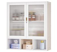 YORBAY Armario de Baño Pared con 2 Puertas de Cristal Esmerilado y Compartimento Abierto, Armario Botiquín de Bambú para Baño, Armario de Colgar Que Ahorra Espacio, 22 x 59 x 66 cm (Blanco)