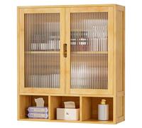 YORBAY Armario de Baño Pared con 2 Puertas de Cristal Esmerilado y Compartimento Abierto, Armario Botiquín de Bambú para Baño, Armario de Colgar Que Ahorra Espacio, 22 x 59 x 66 cm (Color Bambú)