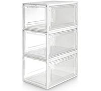 YORBAY Caja de Zapatos, Juego de 3, Organizador de Zapatos Apilable, Caja de Plástico con puerta Transparente, zapatero, 37 x 25,5 x 20 cm, para zapatos hasta la talla 48, Super Transparente blanco