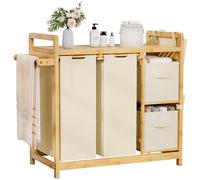Yorbay Cesto para la colada con 3 compartimentos, bambú, 140 L, con estante, toallero y bolsillos laterales pequeños, clasificador de ropa para baño, dormitorio y lavandería, 87 x 41 x 77 cm, beige