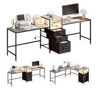 Yorbay Escritorio de oficina doble con enchufes: mesa de ordenador en forma de L con cajones de tela, estantería para impresora, mesa LED para juegos, escritorio de esquina para oficina, estudio, sala