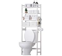 YORBAY Estantería para Inodoro con 2 Cestas 4 Niveles de Bambú para el Inodoro con Soporte para Papel y 4 Ganchos y Almohadillas Impermeables para los pies, Independiente sobre el Inodoro (Blanco)