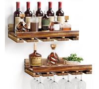 Yorbay Juego de 2 estantes de madera para vino: barra de pared vintage de madera de palé flameada con estante para copas de vino para vino y copas de vino - Soporte para botellas de vino de pared para