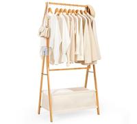 Yorbay Perchero de bambú con caja de almacenamiento, 2 niveles, percha ajustable con bolsas de tela, perchero plegable para guardar ropa (natural)
