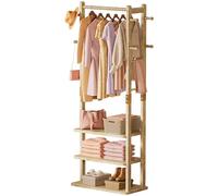 Yorbay Perchero de madera, Perchero independiente con 3 estantes, 6 ganchos, 1 barra de ropa, guardarropa para ropa, sombrero, chaquetas, bolso, para sala de estar, dormitorio, oficina