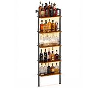 Yorbay Portabotellas 5 Niveles con LED: hasta 50 Botellas y 12 Copas | Botellero de Pie Industrial con Portacopas de 4 Filas - Fijación a Pared para Mayor Estabilidad - 29 Modos LED Cocina Bar