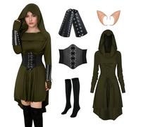 YORDET Ropa medieval para mujer, juego de vestido gótico renacentista, vestido con capucha para mujer con corsé, protectores de brazos, medias, orejas de elfo para carnaval, Halloween, fiestas