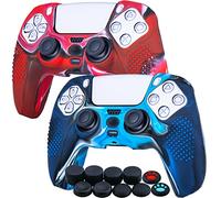 Yorha 2 Fundas de Gel de Goma de Silicona con Tachuelas para Mando Dualsense de PS5 (Camuflaje Rojo + Azul) con empuñaduras Pro para el Pulgar x 10