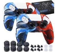 YoRHa 2 fundas de silicona para mando de PS5 (rojo camou + azul) con 8 empuñaduras para el pulgar, 8 tapones, 4 protectores analógicos