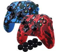 YoRHa Agua Transferir Impresión Camuflaje Silicona Cubrir la Piel Caso para Xbox One X/One S Controlador [Después del Modelo 8.2016] x 1 (Rojo & Azul) con empuñaduras Pro x 8
