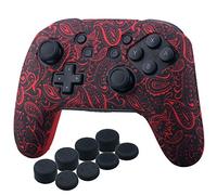 YoRHa Funda de Silicona con impresión por Transferencia de Studded para Mando Oficial Switch Pro x 1 (Hojas Rojas) con Accesorios Pro Thumb Grips x 8