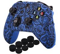YoRHa Impresión Caucho de Silicona Funda Skin Case Carcasas Piel para Xbox One S/X Mando Controller x 1 (Flores&Azul) con Agarres para el Pulgar Thumb Grip Pro x 8