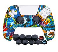 YoRHa Silicona Espesar Impresión Funda Piel Carcasas Cubierta Compatible de PS5 Mando x 1 (Graffiti Azul) con Agarres para el Pulgar x 10