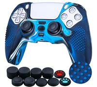 YoRHa Tachonado silicona caso piel Fundas protectores cubierta Compatible de PS5 Mando x 1 (Azul camuflaje) Con PRO los puños pulgar thumb gripsx 8