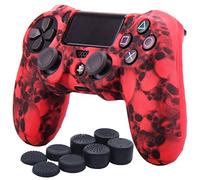 Yorha Water Transfer Printing Skull Funda de Silicona para PS4 / Slim/Pro Controlador x 1 (Rojo) con agarres Pro x 8