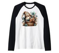 Yorkie Grandpa Gnome In A Dog Basket With Floral Blue Flower Camiseta Manga Raglan