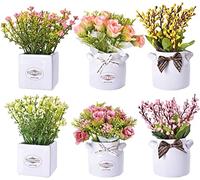 Yorkmills 6 flores artificiales con jarrón, arreglos florales falsos en macetas de cerámica, pequeñas flores artificiales para decoración del hogar, decoración de primavera, centro de mesa, estante,