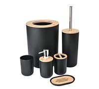 Yorkmills Accesorios de baño de bambú, Juego de accesorios de baño negro de 6 piezas, Juego de cepillos de baño, Juego de cepillo de inodoro, Soporte para jabonera, Cubo de basura moderno