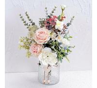 Yorkmills Flores artificiales con jarrón, flores artificiales de seda en jarrón, planta falsa, rosa blanca y flores de peonía, arreglo para decoración del hogar, decoración de primavera, mesa de