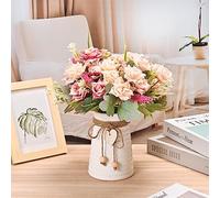 Yorkmills Flores artificiales para jarrón, rosas rosas falsas con jarrón, flores de seda para decoración del hogar, oficina, sala de estar, decoración de otoño, centro de mesa de comedor
