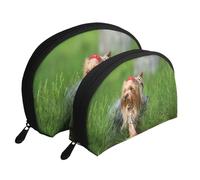 Yorkshire Terrier Césped Lindos Perros Ummer Lazo Rojo, Bolsa de Maquillaje de Concha, Monedero pequeño para Mujer, Bolsa de artículos de tocador, Bolsa de cosméticos, 2 Piezas