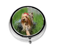 Yorkshire Terrier Césped Lindos Perros Ummer Lazo Rojo, Pastillero, Pastillero redondo Pequeño contenedor de pastillas Organizador de pastillas de viaje