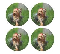 Yorkshire Terrier Césped Perros Lindos Ummer Red Bow,Posavasos Redondos de Corcho MDF, Almohadilla para Tazas, Juego de 4 Posavasos para Bebidas