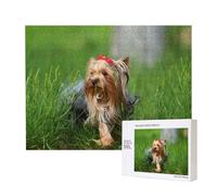Yorkshire Terrier Césped Perros Lindos Ummer Red Bow,Rompecabezas de Madera de 500 Piezas, Juego Familiar, Rompecabezas para Adultos, Adolescentes, decoración del hogar