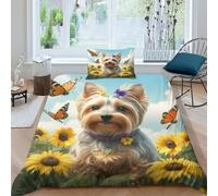 Yorkshire Terrier Funda Nórdica 3 Piezas Conjunto De Edredón 3D Juego De Cama Lindo Cachorro Funda De Edredón con Cremallera para Adolescentes, Microfibra Ultra Suave con Fundas Single（135x200cm）