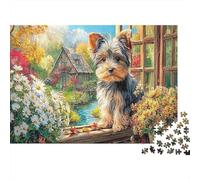 Yorkshire Terrier Rompecabezas clásico en cartón de Yorkshire Terrier en el alféizar de la Ventana Junto al Arroyo Apto para Principiantes Estimulante Mental 70x50cm/1000 Piezas