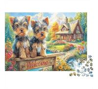 Yorkshire Terrier Rompecabezas de Papel Reciclado de Dos Terriers en Puente con Letrero de Bienvenida, Juguete Educativo para Toda la Familia 38x26cm/1000 Piezas