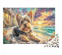 Yorkshire Terrier Rompecabezas de Papel Resistente Yorkshire Terrier en la Playa al Atardecer, Actividad educativa para la Familia 38x26cm/1000 Piezas