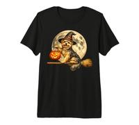 Yorkshire Terrier Yorkie Sombrero de Bruja Jack O Lantern Escoba Palo Camiseta Premium
